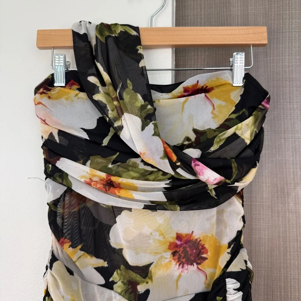 Abercrombie & Fitch Black Floral Mesh Off One Shoulder Ruched Maxi Dress Medium